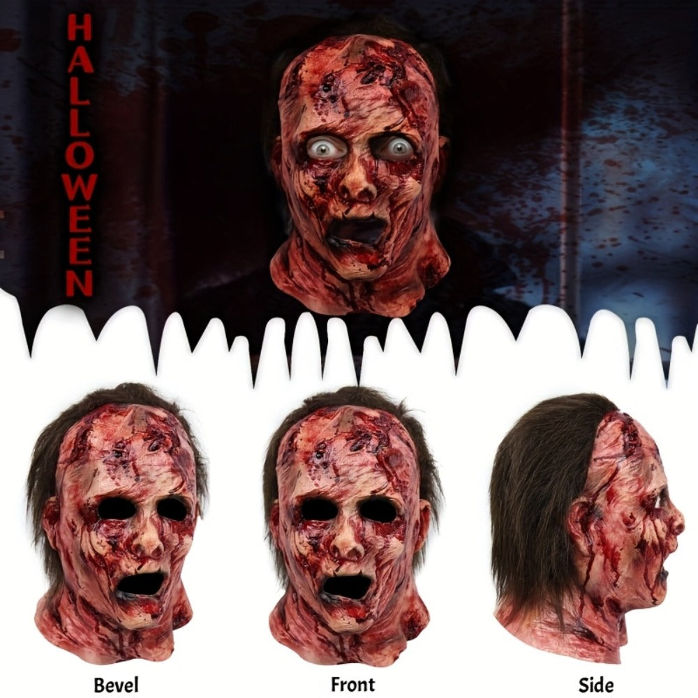 Bloody Decayed Face Full-Head Halloween Mask with Dark Hair, Open Eyes and Mouth for Adult Horror Costumes