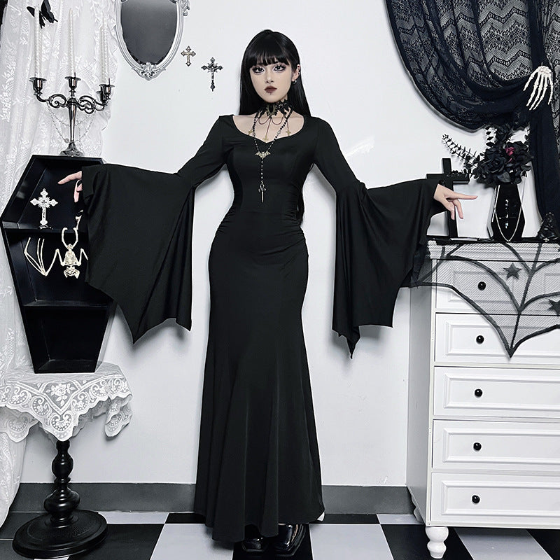 Gothic Black Maxi Dress with Bell Sleeves for Witchcore Elegance